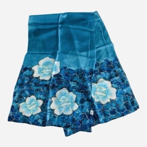 New World Accessories - Invisible World Women's 100% Silk Hand Painted Floral Scarf Blue 16”x54” New